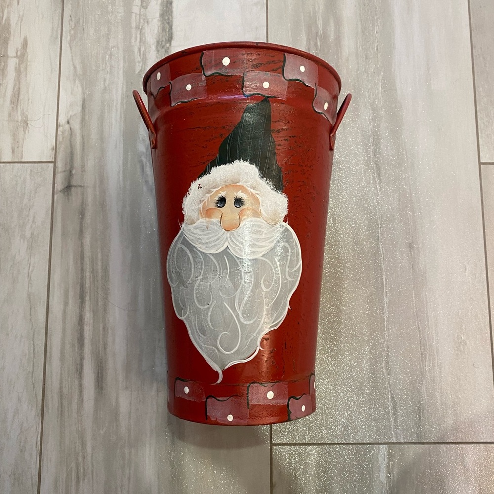 Festive Rustic Christmas Red Decorative Metal Bucket Vase w/ Painted Santa Gnome